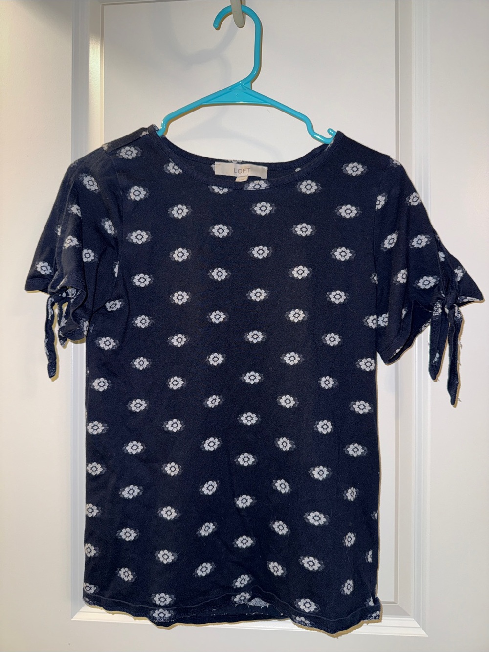 LOFT Navy Floral Short-Sleeve Tie Detail Top